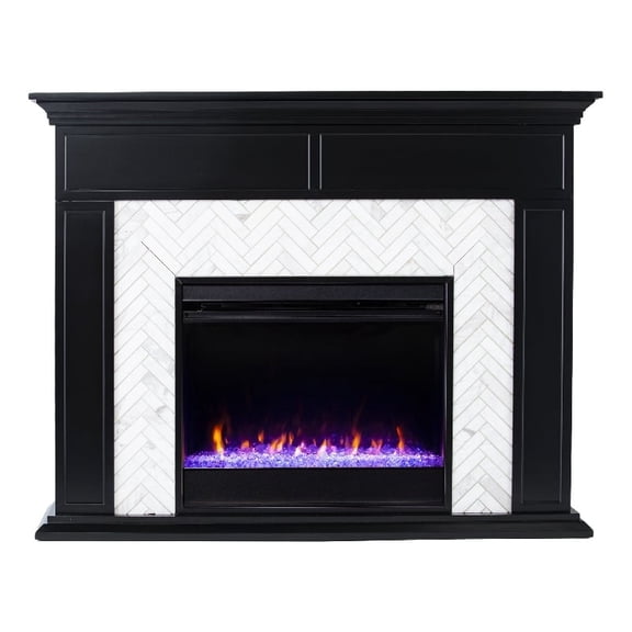 Maklaine Transitional Color Changing Marble Tiled Fireplace in Black