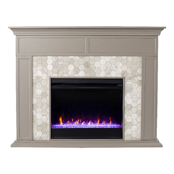 Maklaine Transitional Color Changing Marble Tiled Fireplace in Gray