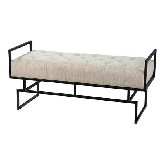 Maklaine Transitional Fabric Upholstered Bench in Beige / Gunmetal Gray