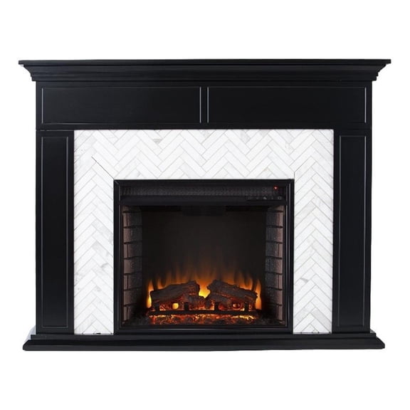 Maklaine Transitional Marble Tiled Electric Fireplace in Black