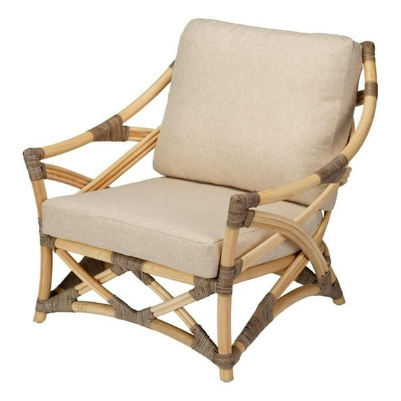 Maklaine Transitional Rattan & Fabric Lounge Chair in Natural/Gray