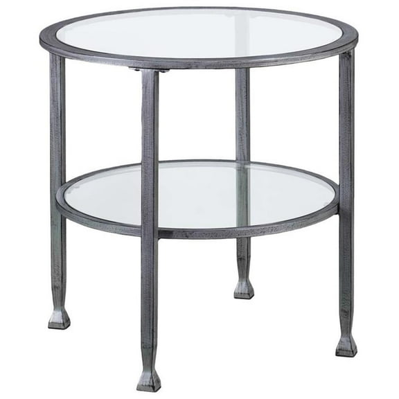 Maklaine Transitional Round Glass Top Metal End Table in Silver