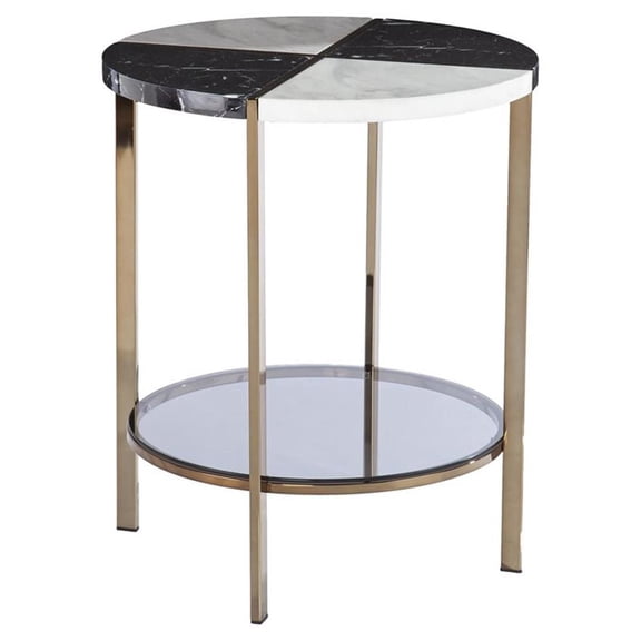 Maklaine Transitional Round Metal - Faux Marble End Table in Black - White