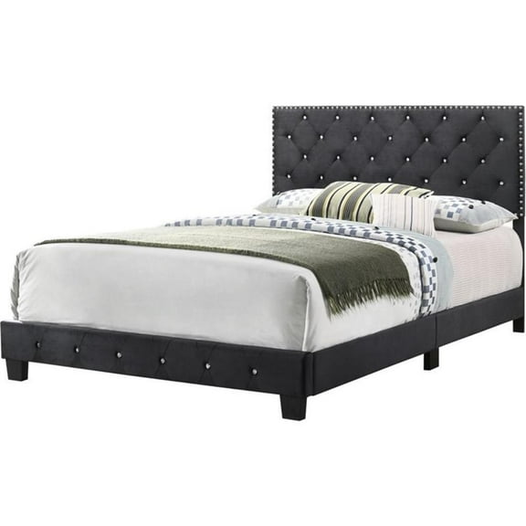 Maklaine Transitional Upholstered Velvet Full Bed in Black Finish