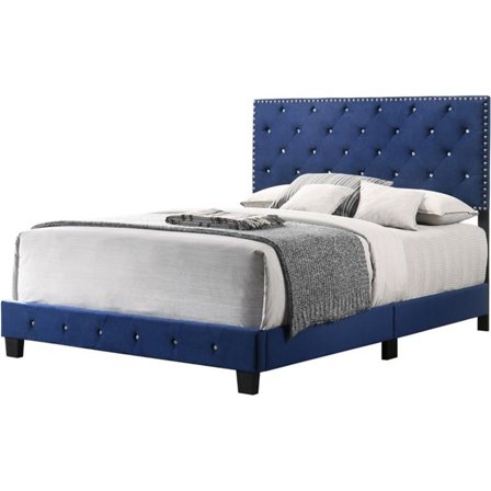 Maklaine Transitional Upholstered Velvet Queen Bed in Navy Blue