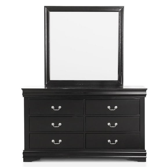 Maklaine Transitional Wood 6-Drawer Dresser with Mirror in Black