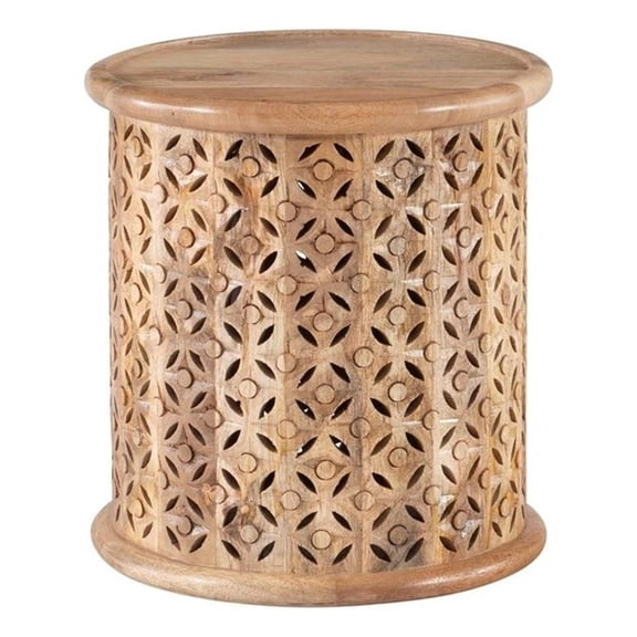 Maklaine Transitional Wood Hand Carved Side Table in Natural