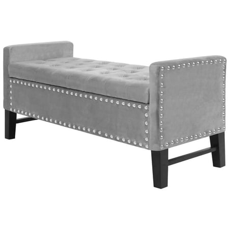 Maklaine Tufted Velvet Storage Bench with Nailhead Trim in Gray