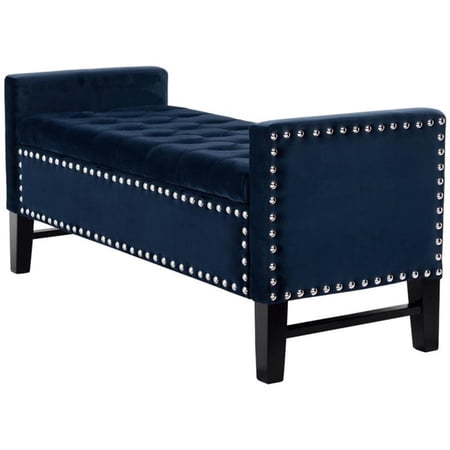 Maklaine Tufted Velvet Storage Bench with Nailhead Trim in Navy Blue
