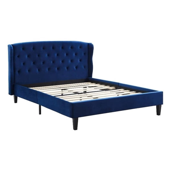 Maklaine Tufted Wingback Queen Performance Velvet Platform Bed in Navy