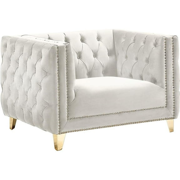 Maklaine Upholstery Contemporary Velvet and Iron Chair in Cream