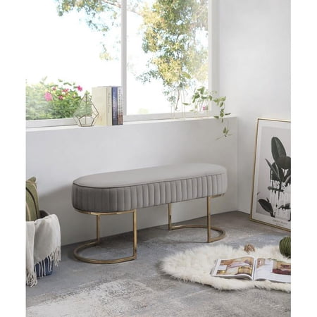 Maklaine Velvet Bench with Metal Base in Gray