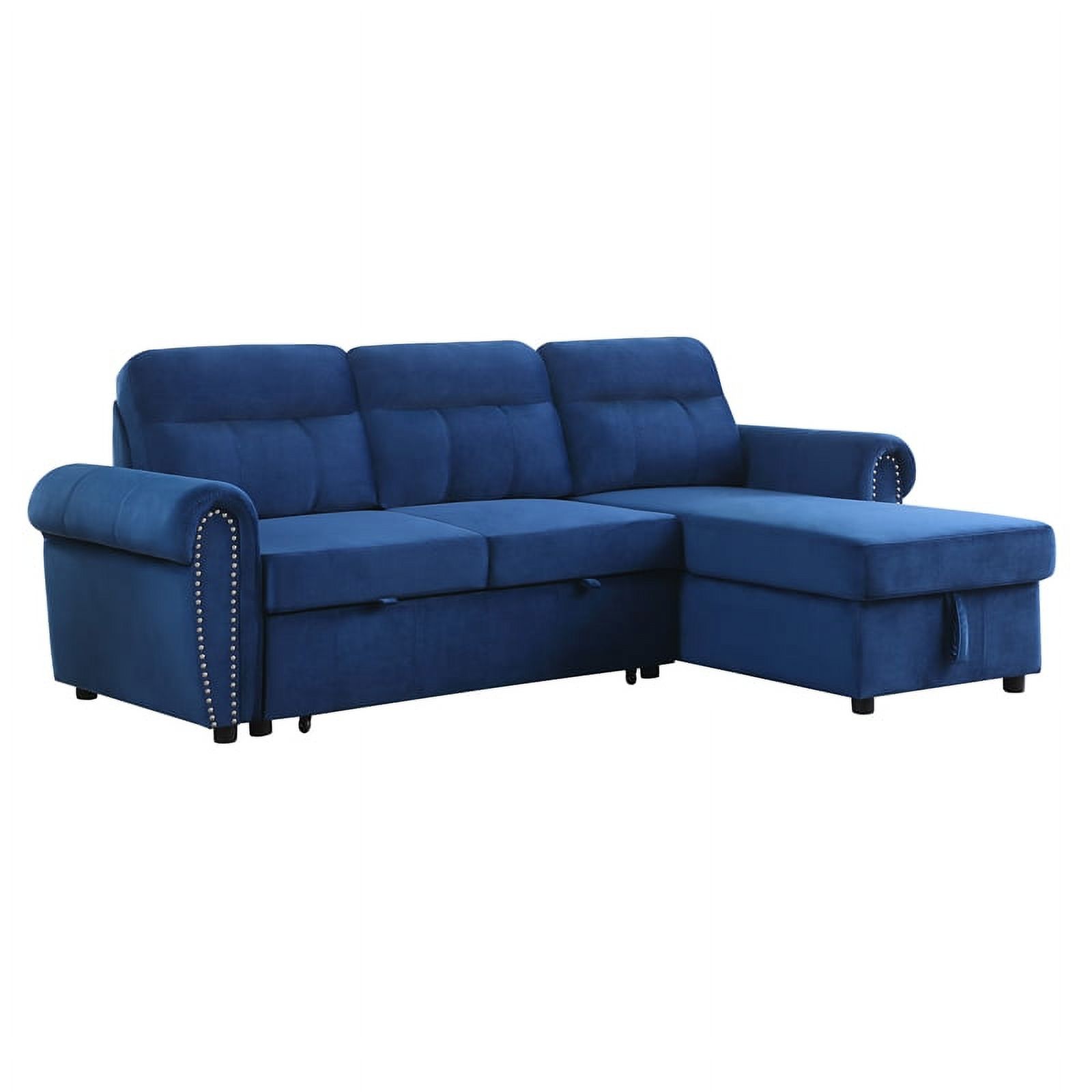 Maklaine Velvet Fabric Reversible Sleeper Sectional Sofa Chaise in Blue