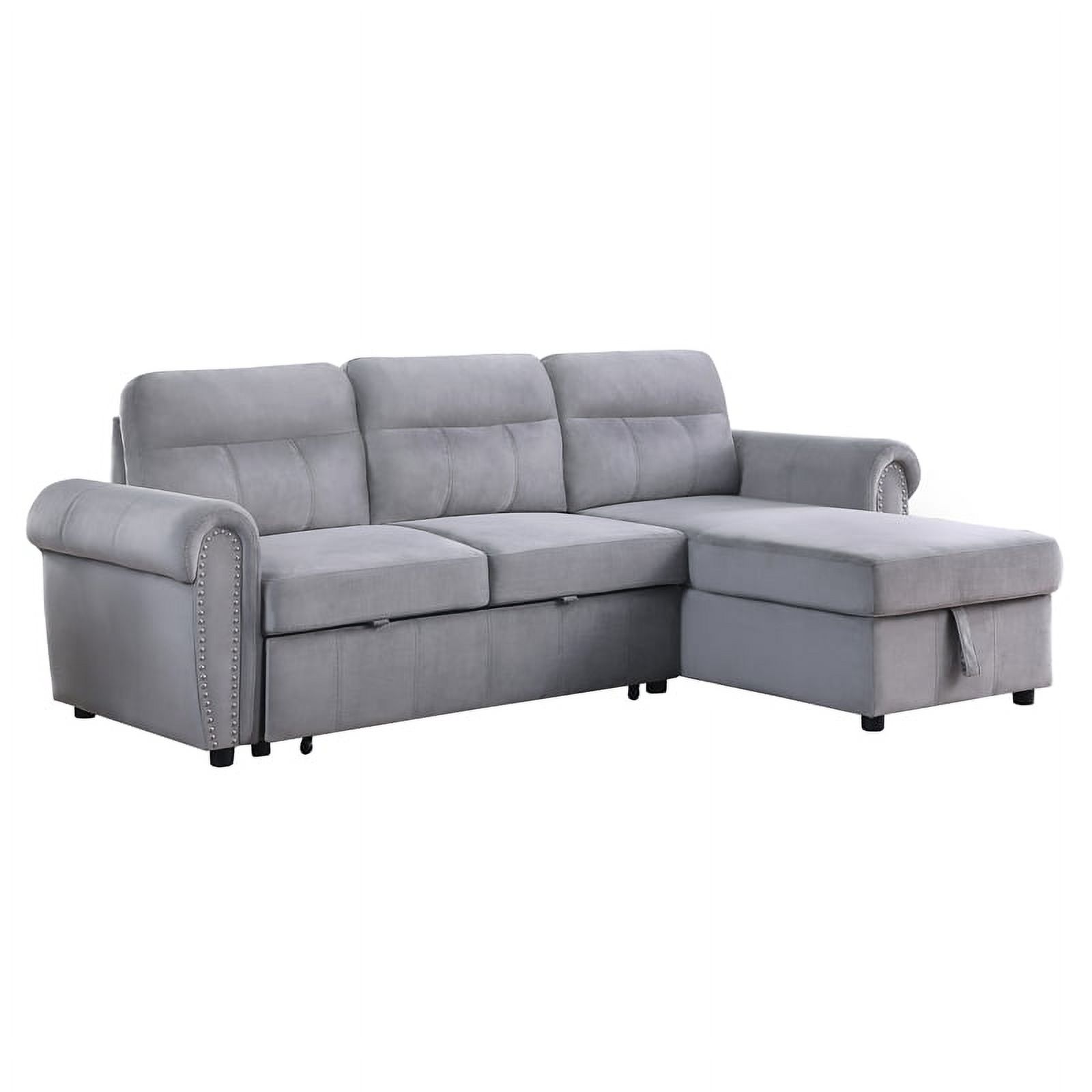 Maklaine Velvet Fabric Reversible Sleeper Sectional Sofa Chaise in Gray