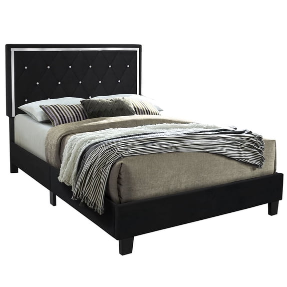 Maklaine Velvet Upholstered Full Platform Bed in Black Finish