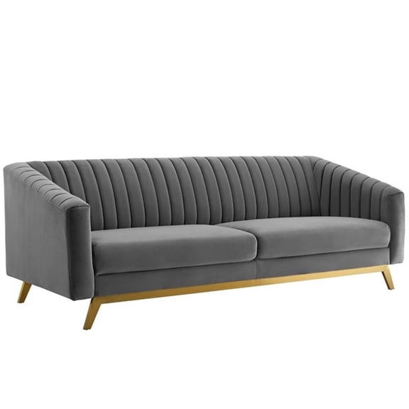 Maklaine Vertical Channel Tufted Performance Velvet Sofa in Gray