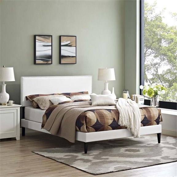 Maklaine Vinyl Full Platform Bed with Squared Tapered Legs in White
