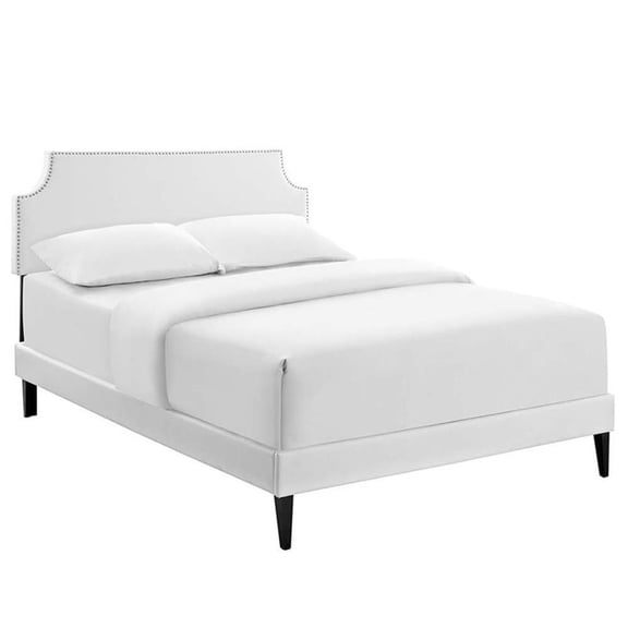 Maklaine Vinyl Full Platform Bed with Squared Tapered Legs in White
