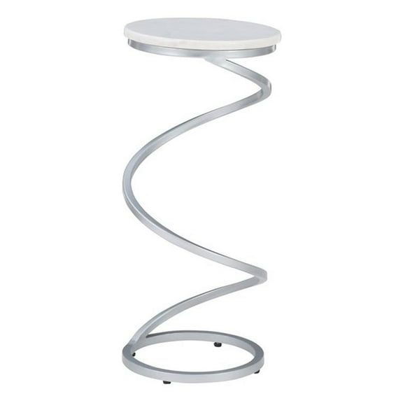 Maklaine White Marble 10.5" Round Drink Table with Iron Spiral Base in Silver