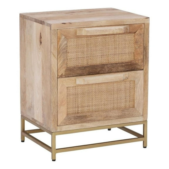 Maklaine Wood 2 Drawer Side Table Cane Detailing Gold Metal Base in Natural