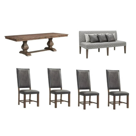 Maklaine 6 Piece Dining Set with Tall Back Chairs and Settee in Rich Walnut