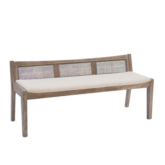 Maklaine Wood Bench Woven Cane Back Beige Padded Seat in Brown Stain Finish