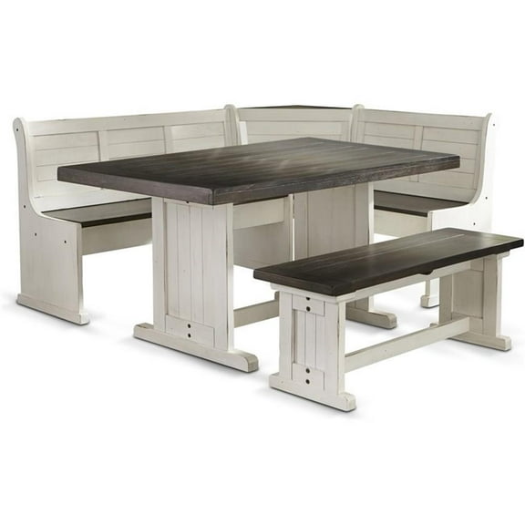 Maklaine Wood Breakfast Nook Set in Off White Dark Brown Finish