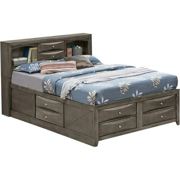 Maklaine Wood Full Bookcase Storage Bed with Open Shelves & Drawers in Gray