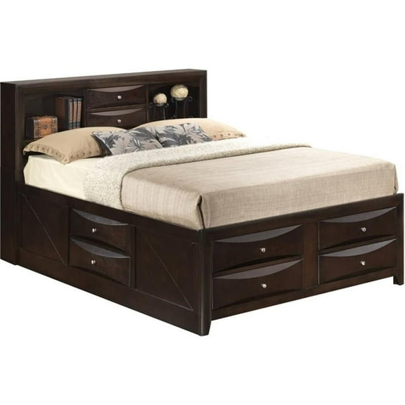 Maklaine Wood King Bookcase Storage Bed with Open Shelves & Drawers in Espresso