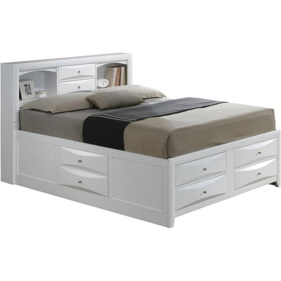 Maklaine Wood King Bookcase Storage Bed with Open Shelves & Drawers in White