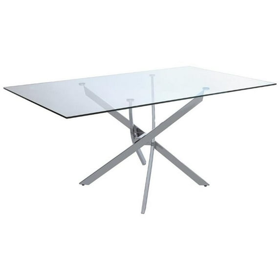 Maklaine X-shaped Modern Glass Dining Table with Metal Base in Clear