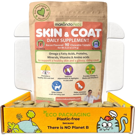 Makondo Pets Allergy Relief Multivitamin Tablets for Dogs, Cats & Small Animals, Bacon Flavor, 90 Tablets Eco-Packaging