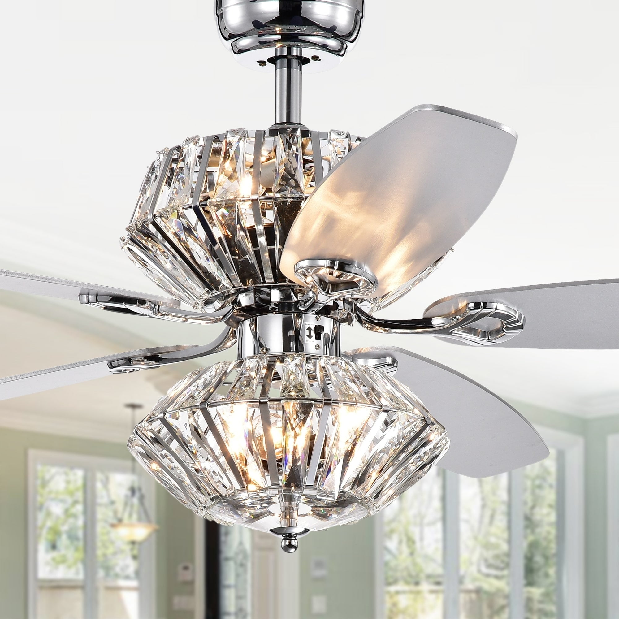 Makore Chrome Dual Lamp 52-inch Lighted Ceiling Fan w Crystal Shades (includes Remote and Light Kit)