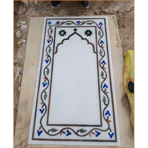 Makrana White Marble Inlay Table Top Handcrafted Artisan Design with Intricate Floral Patterns