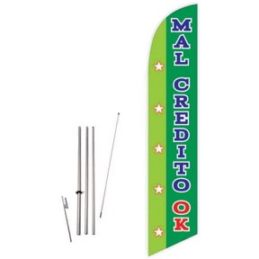 Mal Credito Ok Green Feather Flag with Complete 15ft Pole kit and Ground Spike