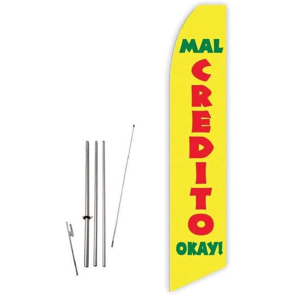 Mal Credito Okay! Yellow Super Novo Feather Flag - Complete with 15ft Pole Set and Ground Spike