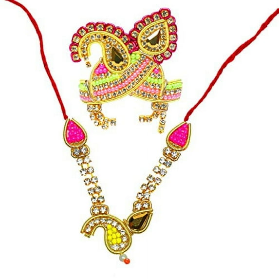 Mala Mukut Set for God Goddess Ganesh G /Laddu Gopal / Devi Maa / Radha Krishna Haar Sringar set Deities jewellary Set for all God Idol statue ( Size:- 3 , Color :- Pink , Green & Golden )