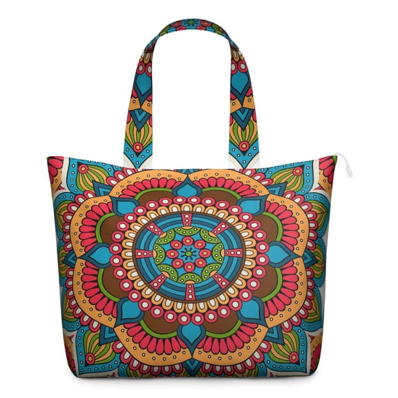Mala Ornament Pattern Duffel Dreamy Psychedelic Weekender Bag, Trippy Geometric Abstract Design for Meditation Relaxation