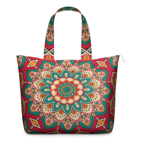 Mala Ornament Pattern Duffel Dreamy Psychedelic Weekender Bag, Trippy Geometric Abstract Design for Meditation Relaxation
