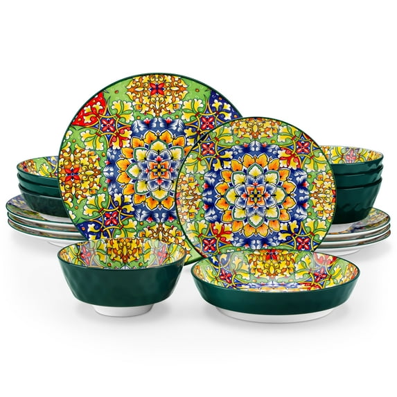Malacasa 16 Pcs Dinnerware Sets For 4 people, Boho Plates and Bowls Set, Porcelain Tableware Dishwasher Microwave Safe, Multicolor 1