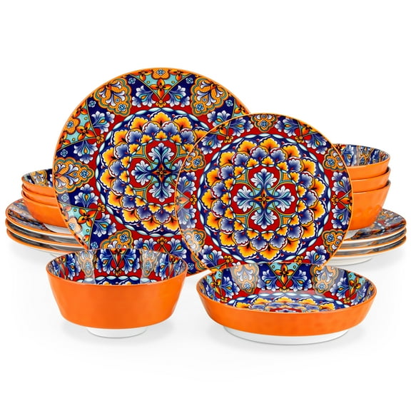 Malacasa 16 Pcs Dinnerware Sets For 4 people, Boho Plates and Bowls Set, Porcelain Tableware Dishwasher Microwave Safe, Multicolor 2