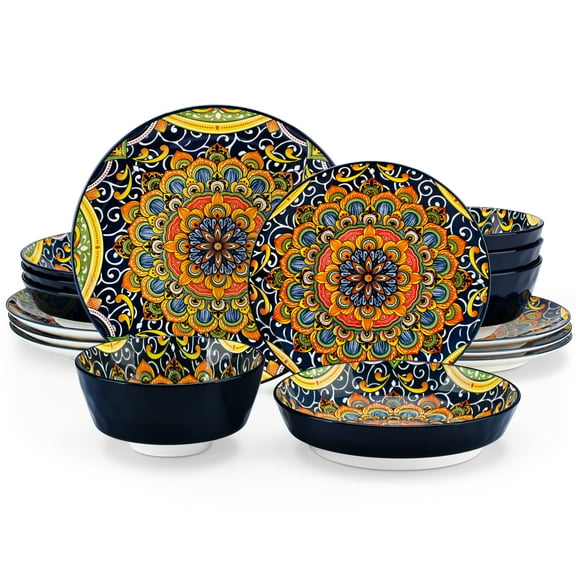 Malacasa 16 Pcs Dinnerware Sets For 4 people, Boho Plates and Bowls Set, Porcelain Tableware Dishwasher Microwave Safe, Multicolor 3