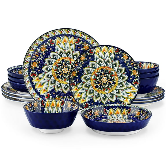 Malacasa 16 Pcs Dinnerware Sets For 4 people, Boho Plates and Bowls Set, Porcelain Tableware Dishwasher Microwave Safe, Multicolor 5