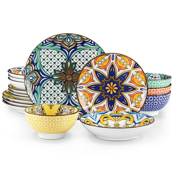 Malacasa 16 Pcs Dinnerware Sets For 4 people, Plates and Bowls Set, Stoneware Tableware Dishwasher Microwave Safe, Multicolor