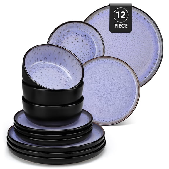 Malacasa Dinnerware Sets for 4, Stoneware Plates and Bowls Set, 12 Pcs Dinner Set, Tableware Dishwasher Microwave Safe, Purple