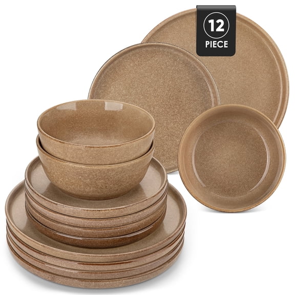 Malacasa Dinnerware Sets, Stoneware Plates and Bowls Set, Tableware Dishwasher Microwave Safe, Serves For 4 people, Brown