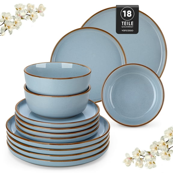 Malacasa 18 Pcs Dinnerware Sets For 6 people, Plates and Bowls Set, Stoneware Tableware Dishwasher Microwave Safe, Blue