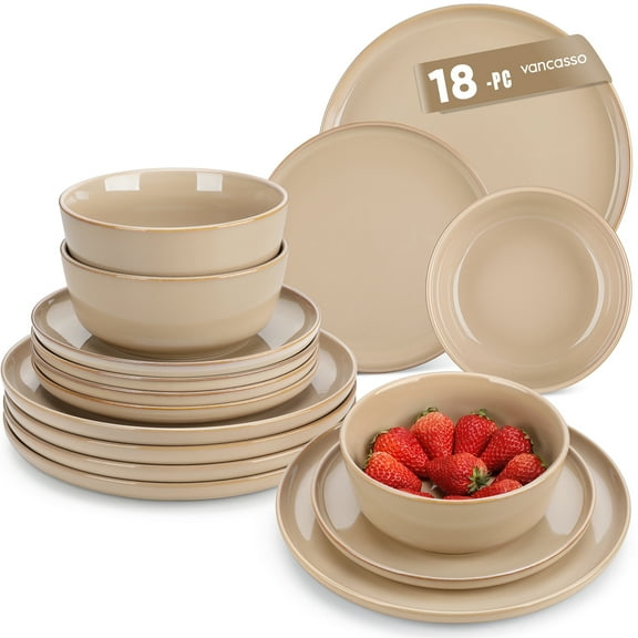 Malacasa 18 Pcs Dinnerware Sets, Stoneware Plates and Bowls Set, Tableware Dishwasher Microwave Safe, Serves For 6 people, Brown
