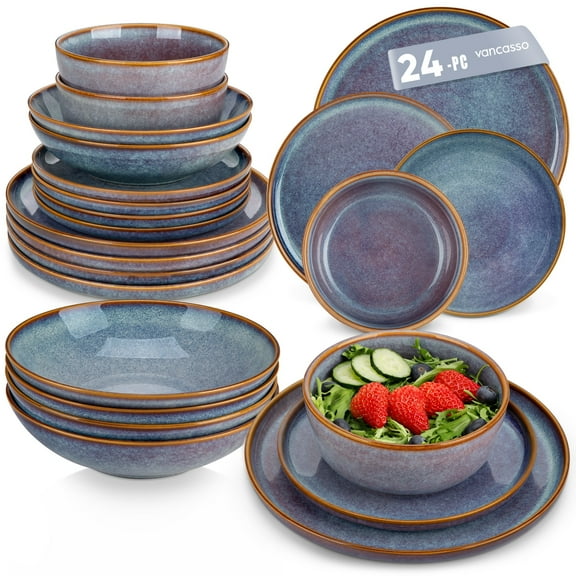 Malacasa 24 Pcs Dinnerware Sets, Stoneware Plates and Bowls Set, Tableware Dishwasher Microwave Safe, Serves For 6 people, Blue
