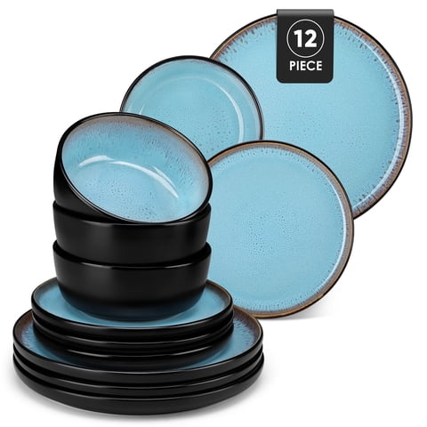 Malacasa Dinnerware Sets for 4, Stoneware Plates and Bowls Set, 12 Pcs Dinner Set, Tableware Dishwasher Microwave Safe, Blue